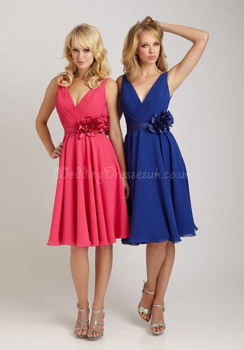 Flowers A-line Low V-neck Chiffon Ruched Bridesmaid Dress#WYT6724