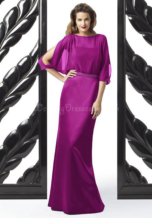 Chiffon Sheath/column High Neck Half-sleeves Sash Floor-length Bridesmaid/prom Dress#WRW1239