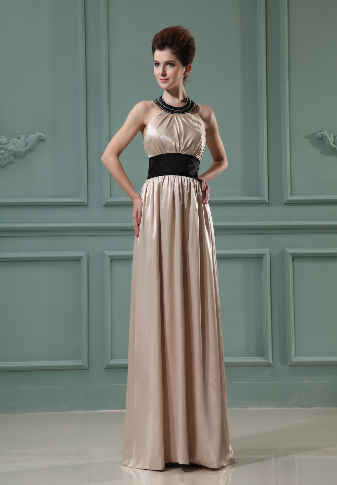 Zipper Ruched Ribbon Empire Sleeveless Satin Bridesmaid Dress#WRR9153