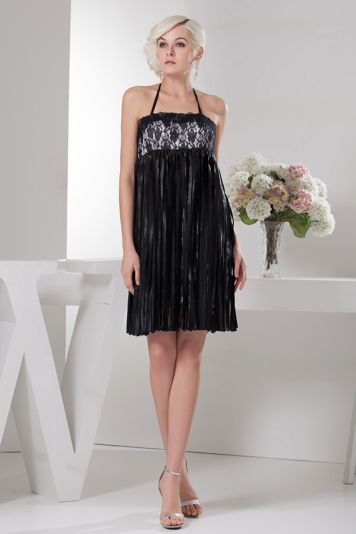 Elastic Silk Like Satin Halter Empire Column Lace Cocktail Dress#WEQ6266