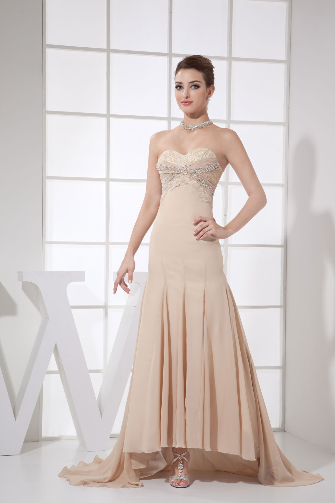 A-line Brush Train Zipper Chiffon Lace Evening Dress#WWQ5142