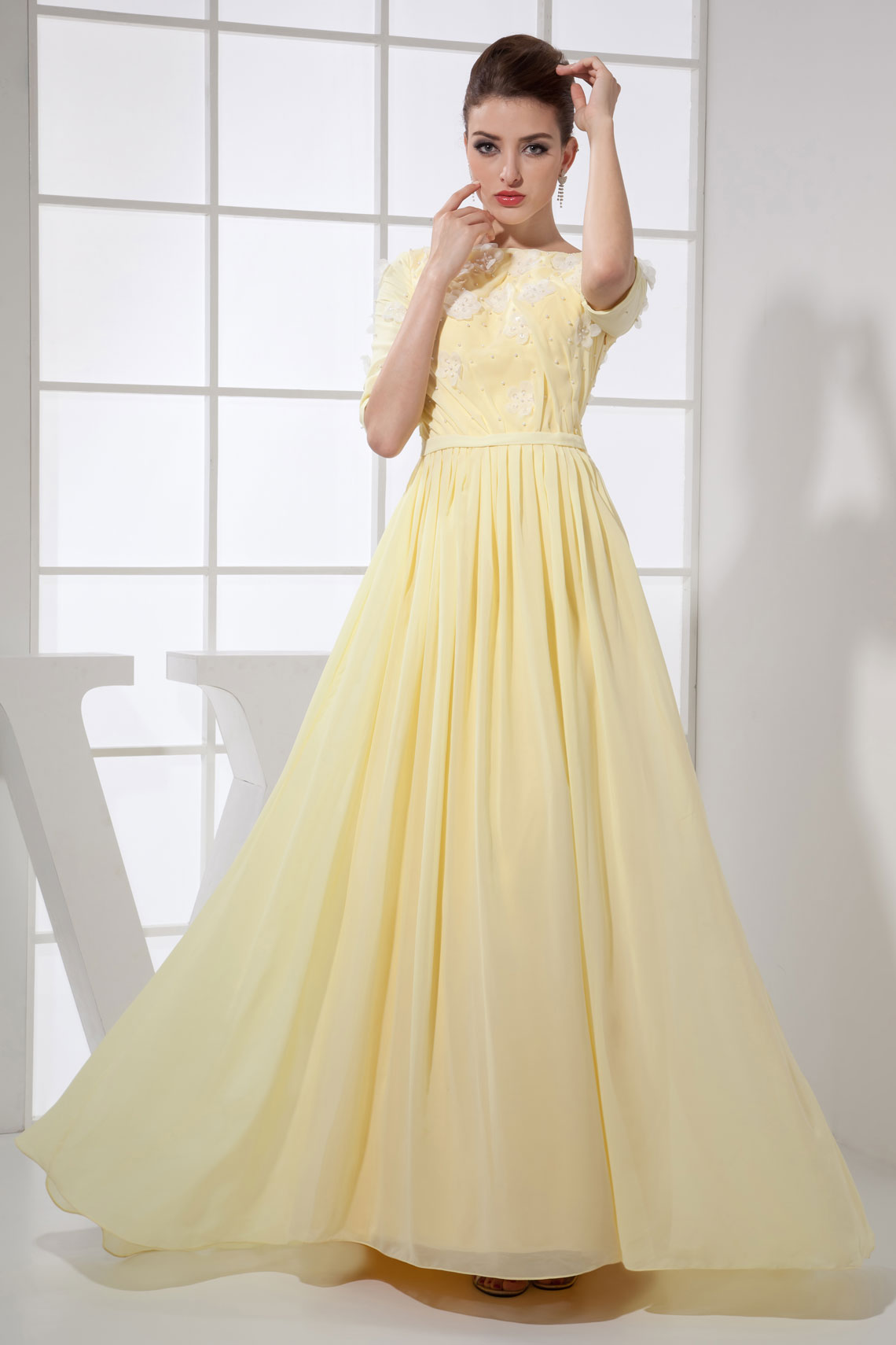 Bateau Chiffon Long Pleated Half Sleeve Beaded Evening Dress#WQJ3376