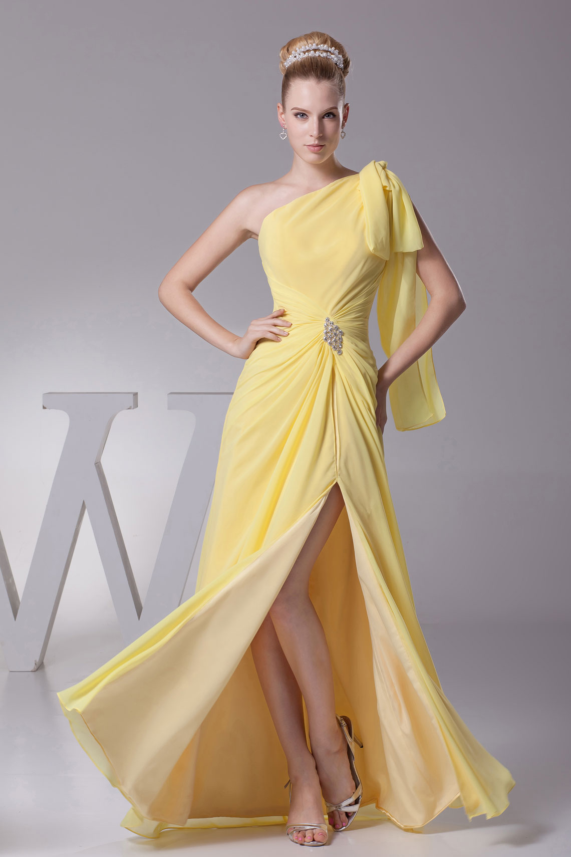 A-line Brooch Long Natural Waist One Shoulder Zipper Evening Dress#WSW3174