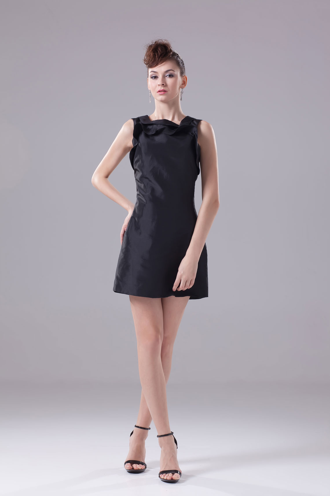 A-line Sleeveless Natural Waist Ruffles Full Back Taffeta Little Black Dress#WCR8578