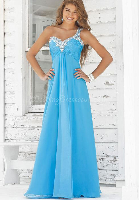 A-line Pleated Beading One Shoulder Chiffon Prom Dress#WTR7155