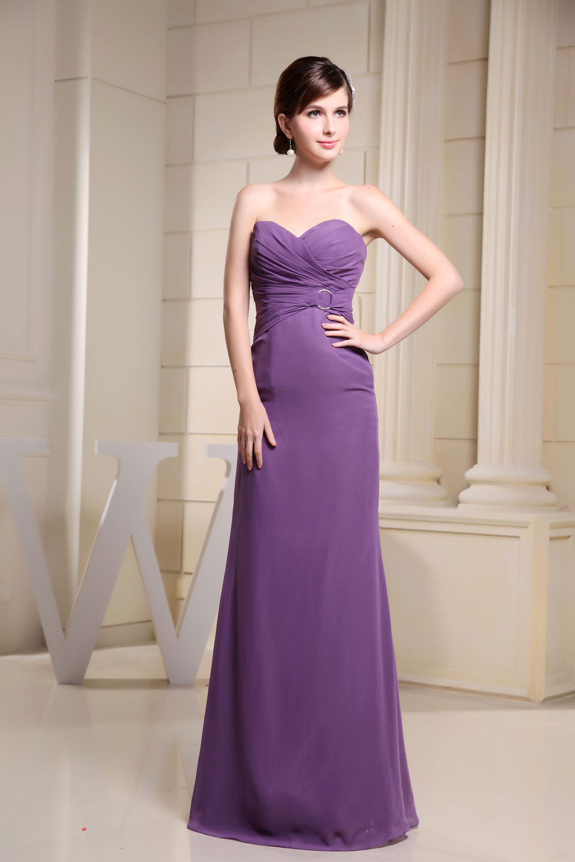 Long Column Ruched Chiffon Sleeveless Prom Dress#WRB7173