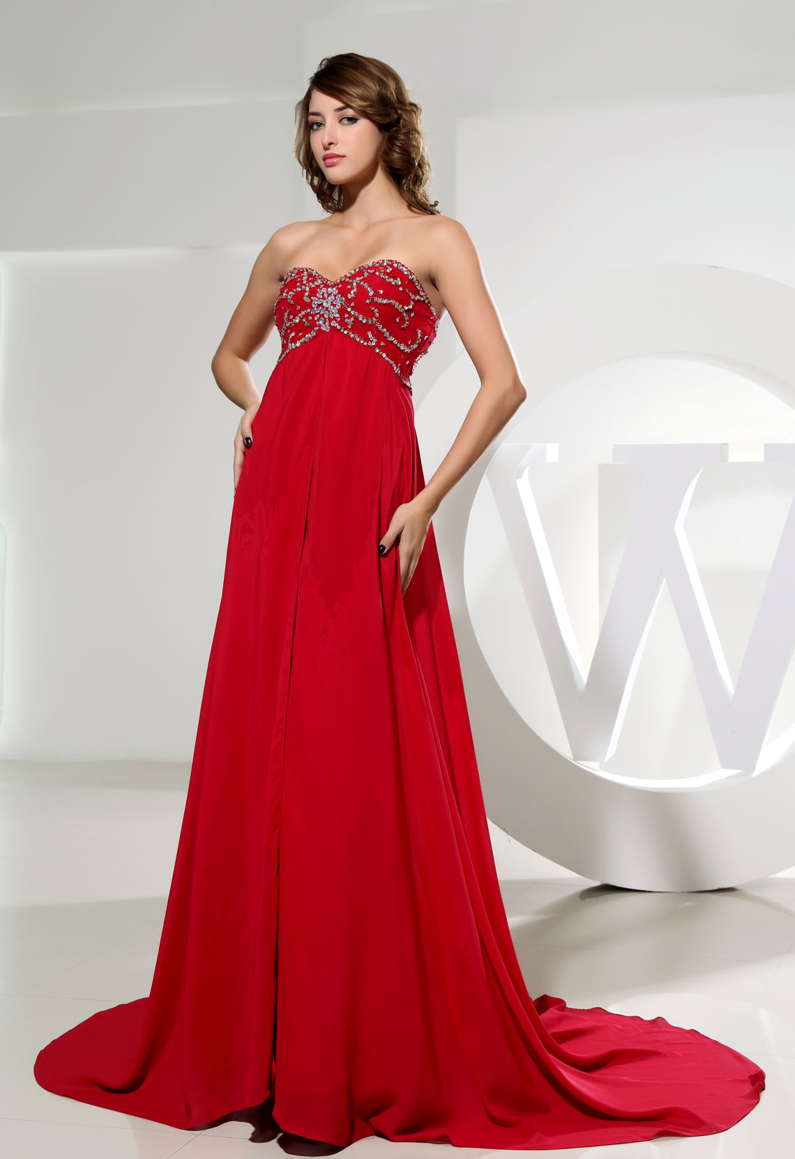 A-line Beaded Empire Sleeveless Red Prom Dress#WCD7975