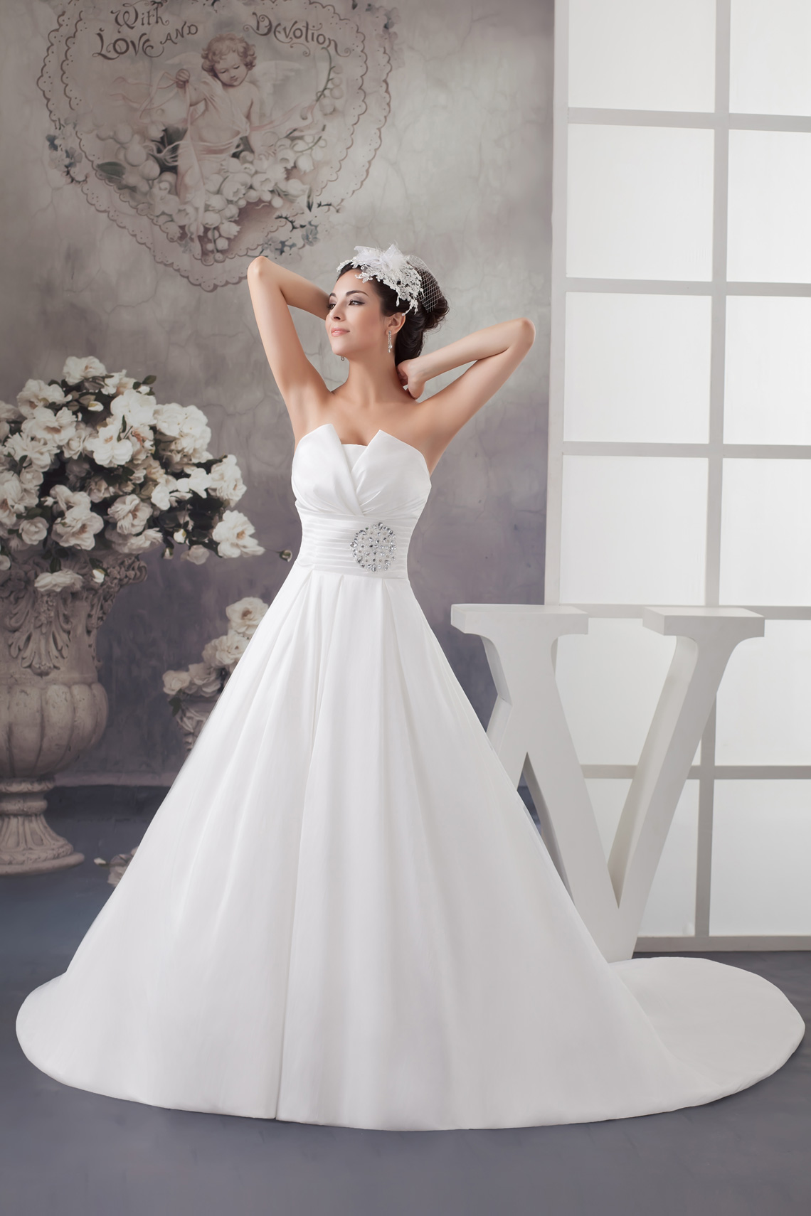 Ruched Rhinestone Sleeveless Zipper Pongee Notched Wedding Dress#WWD2310