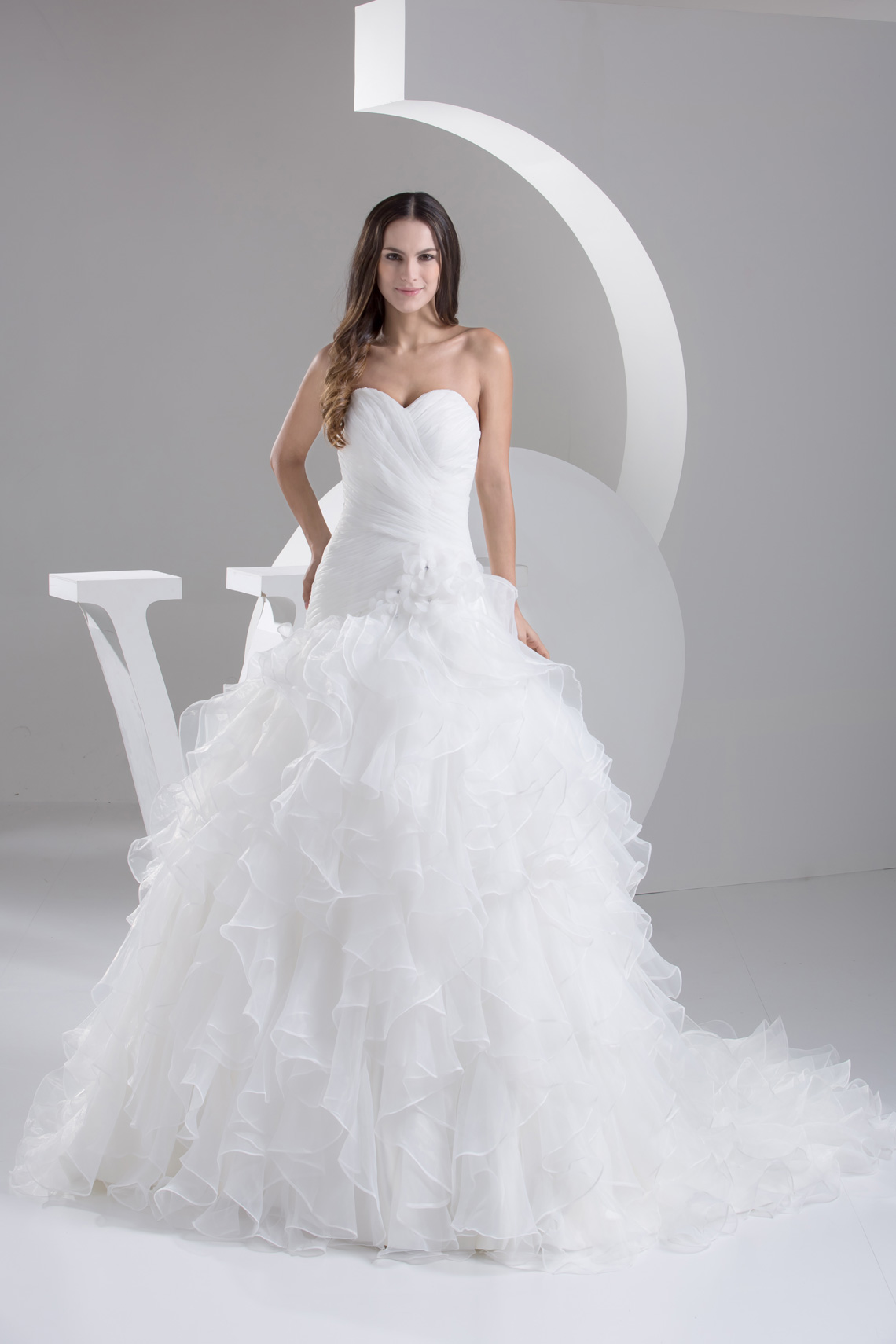 Ruffles Pongee Natural Waist Chapel Train Sleeveless Satin Wedding Dress#WSS5691