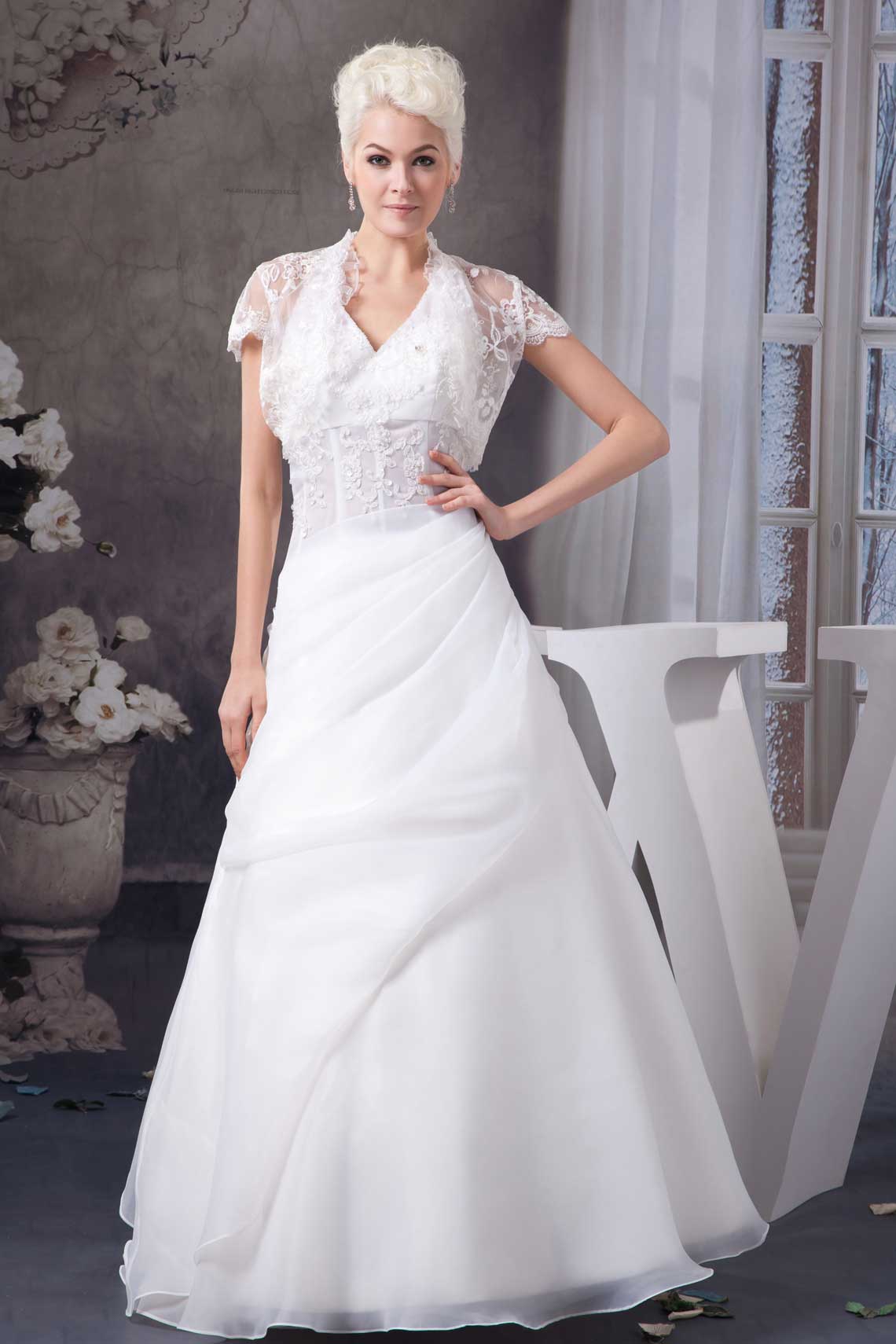 Wrap Appliques Natural Waist A-line White Zipper Wedding Dress#WRR9204