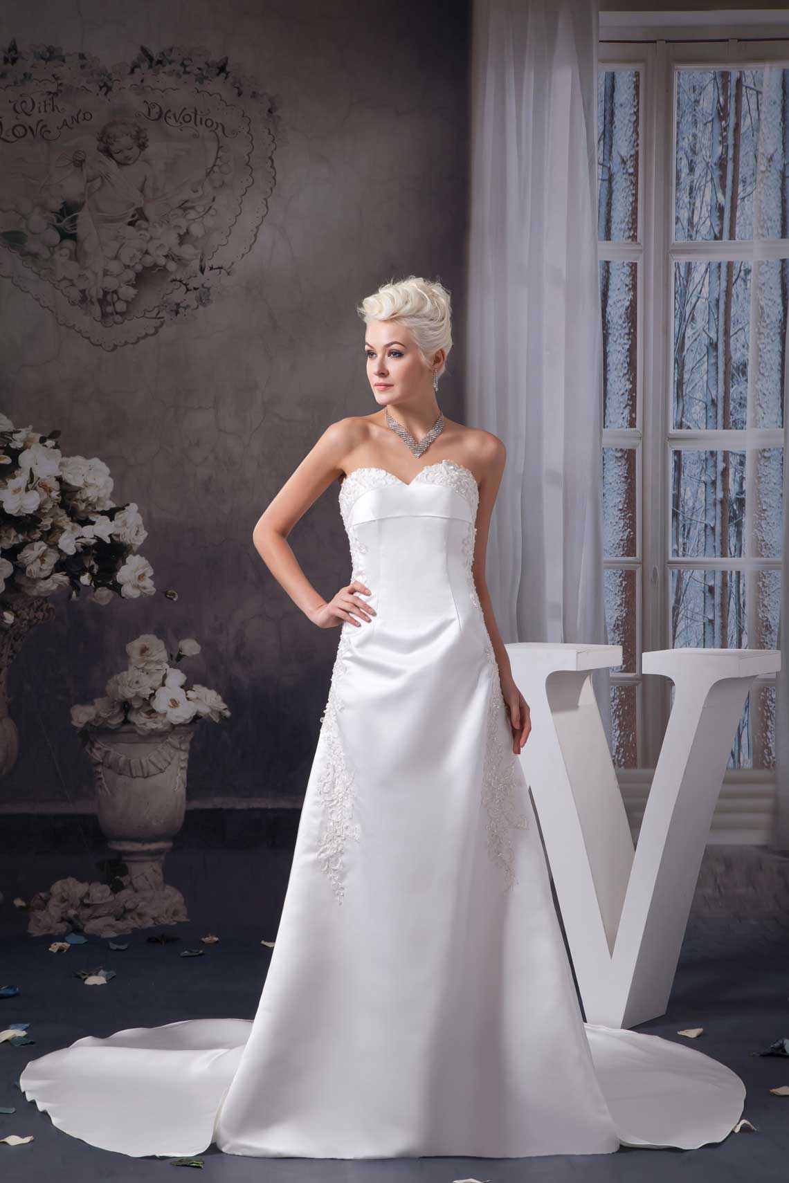 A-line Appliques Sleeveless Sweetheart Bowknot Natural Waist Wedding Dress#WYJ2596