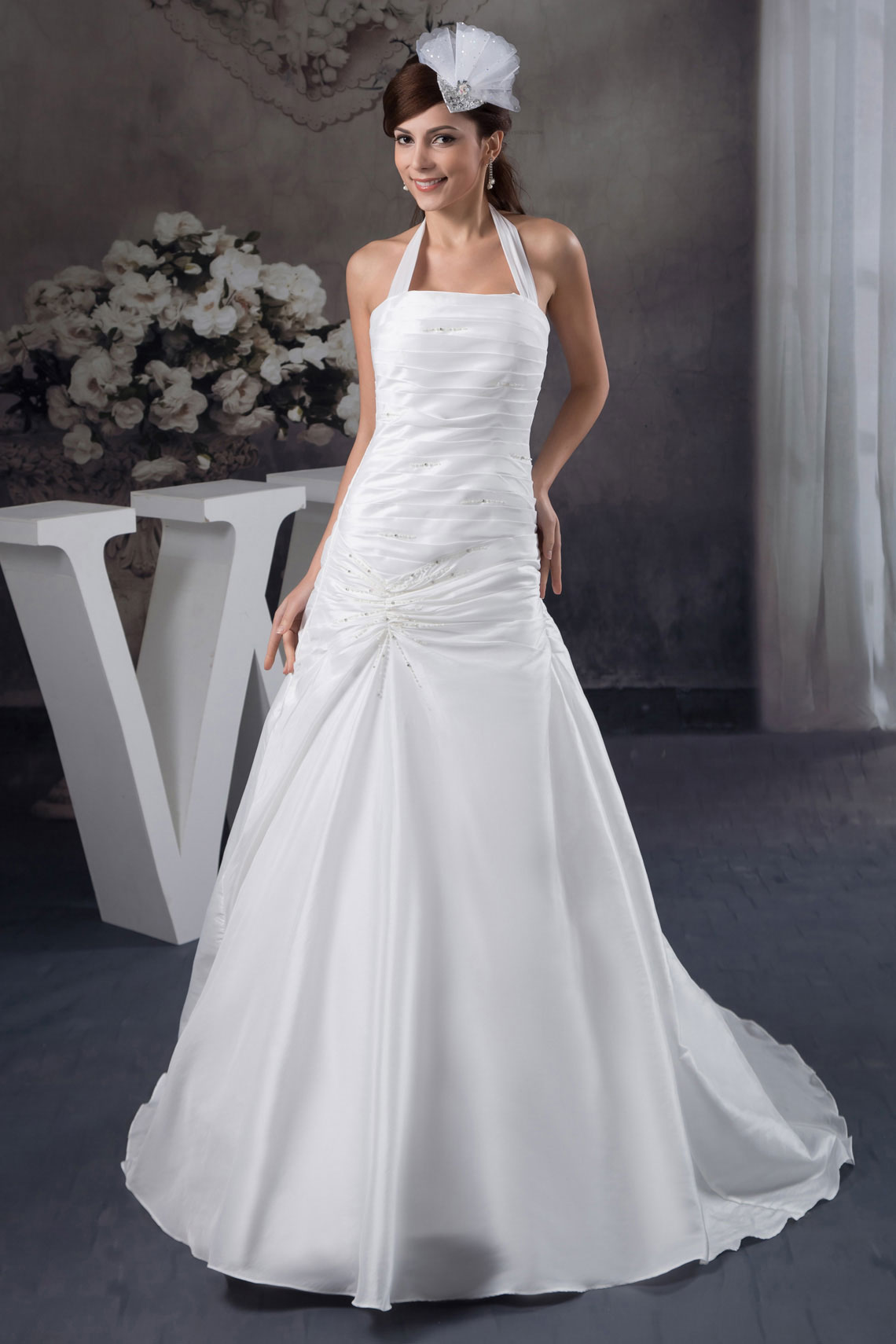 Sleeveless Court Train Zipper Pleated Pearls White Wedding Dress#WQT4817