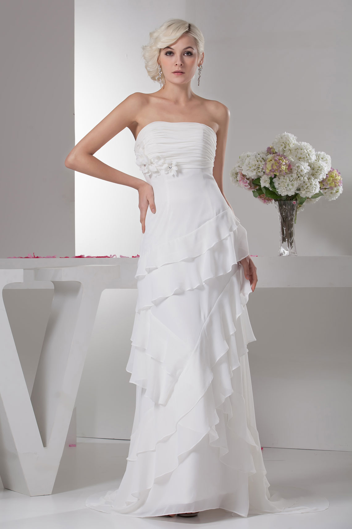 Empire Crystals Zipper Chiffon Strapless Tier Wedding Dress#WRE1198