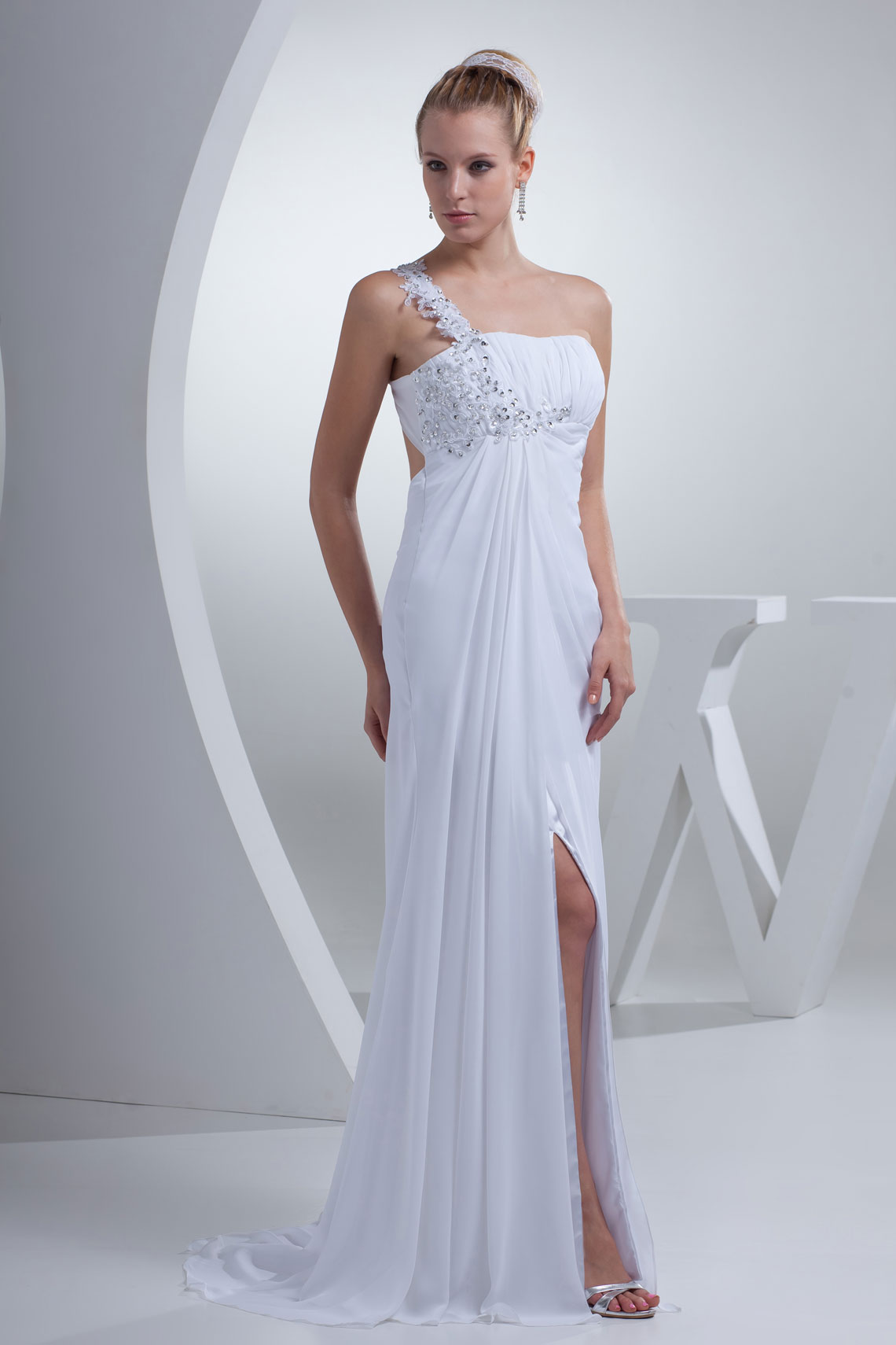 One Shoulder Criss Cross Back Column Chiffon Appliques Brush Train Wedding Dress#WJR3140