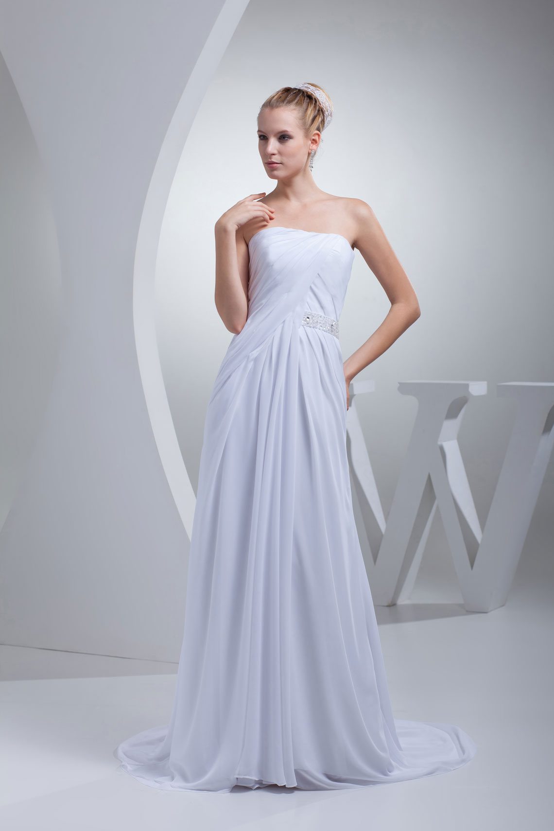 Natural Waist A-line Low Back Strapless Chiffon Beaded Wedding Dress#WSW5443