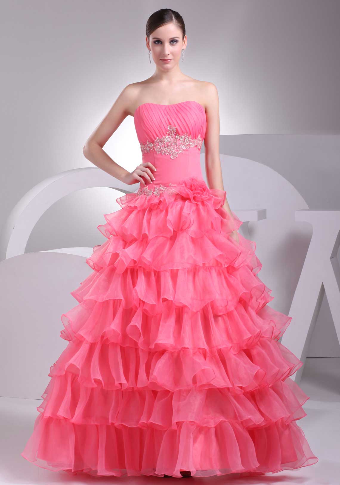 Strapless Beaded Lace-up Lace Tier Watermelon Wedding Dress#WQW3811