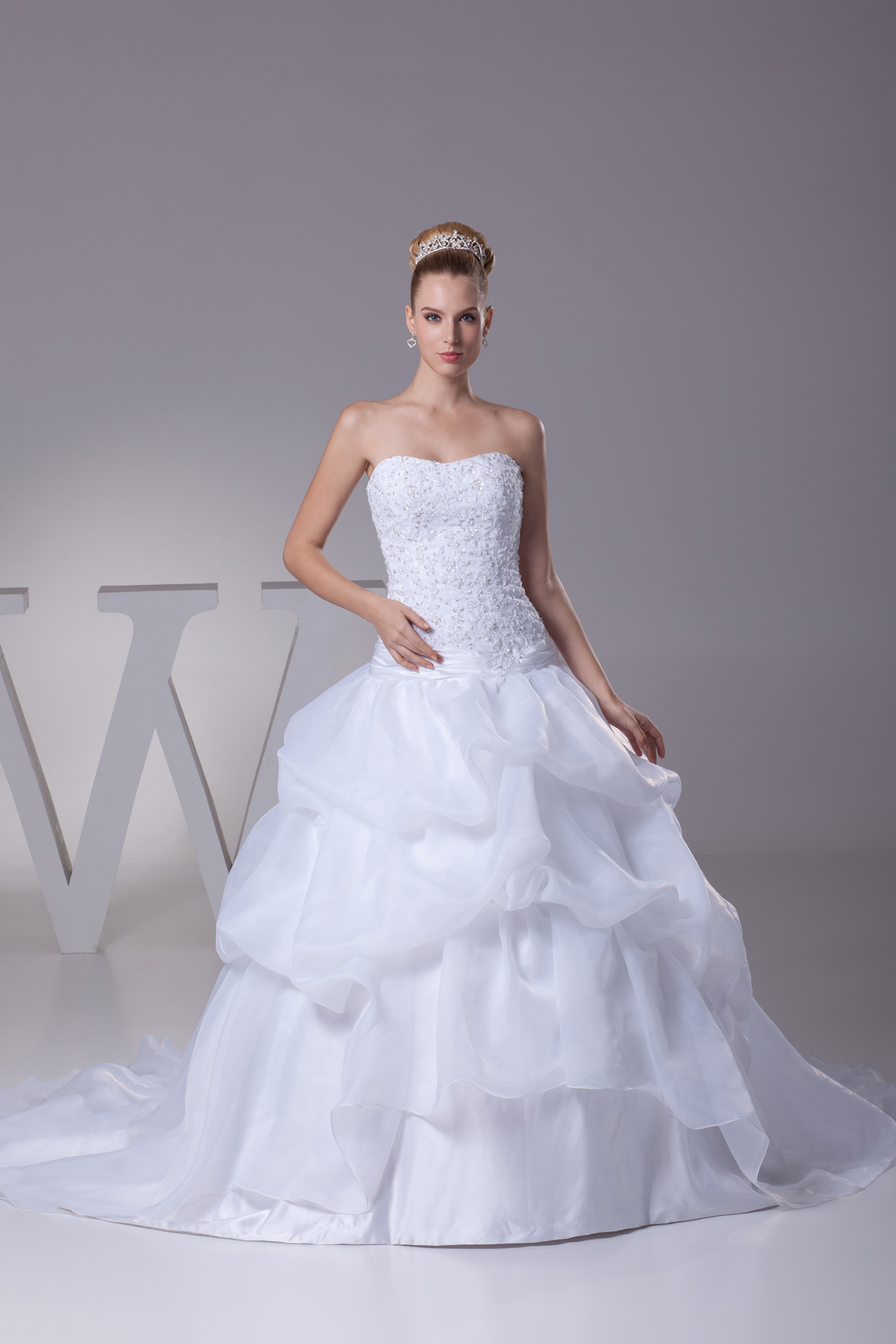 Pick Ups Natural Waist Sleeveless Ruched Chapel Train White Wedding Dress#WTR8866