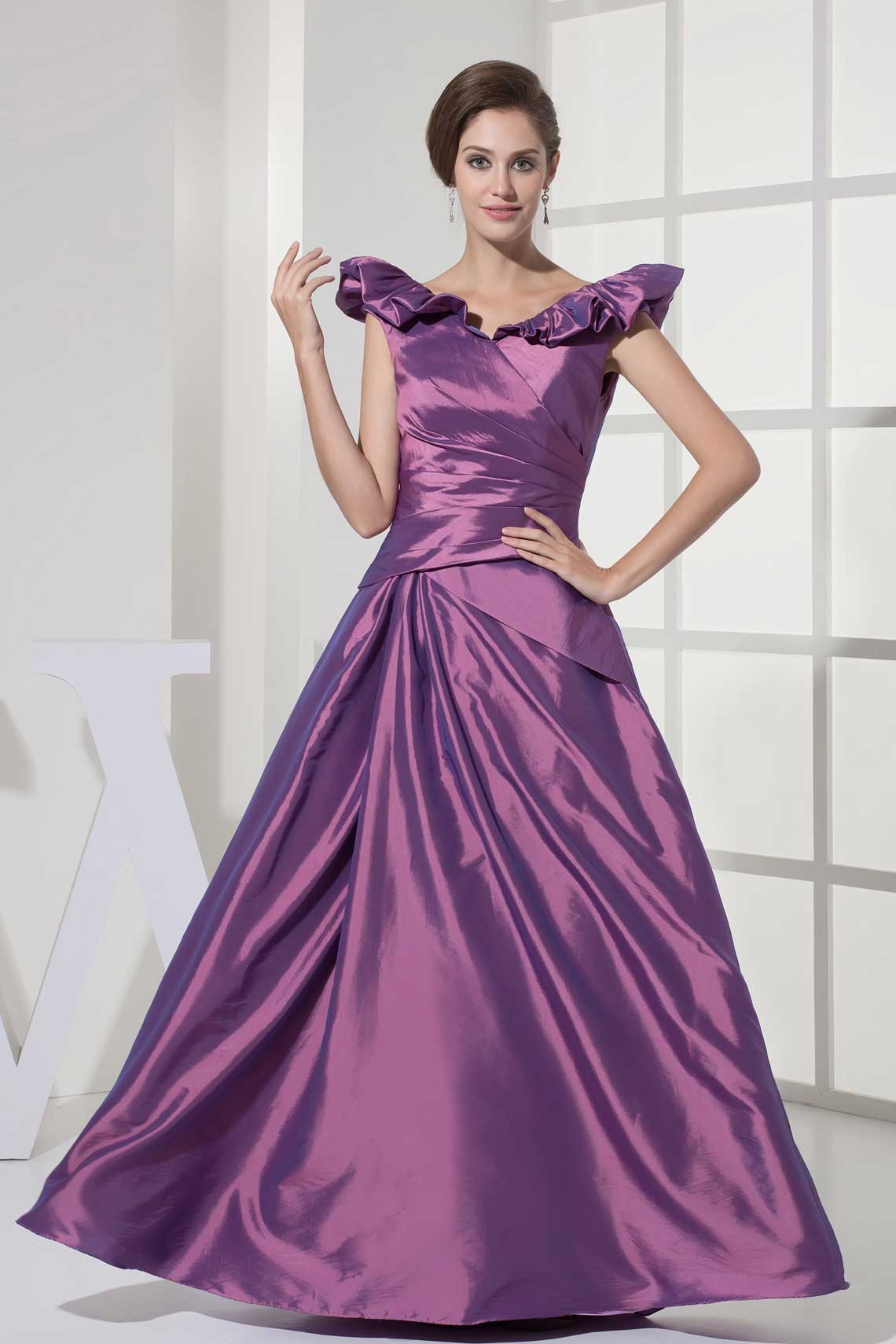 Ruched Ball Gown Cap Sleeve Lilac Long Taffeta Wedding Dress#WRB5055