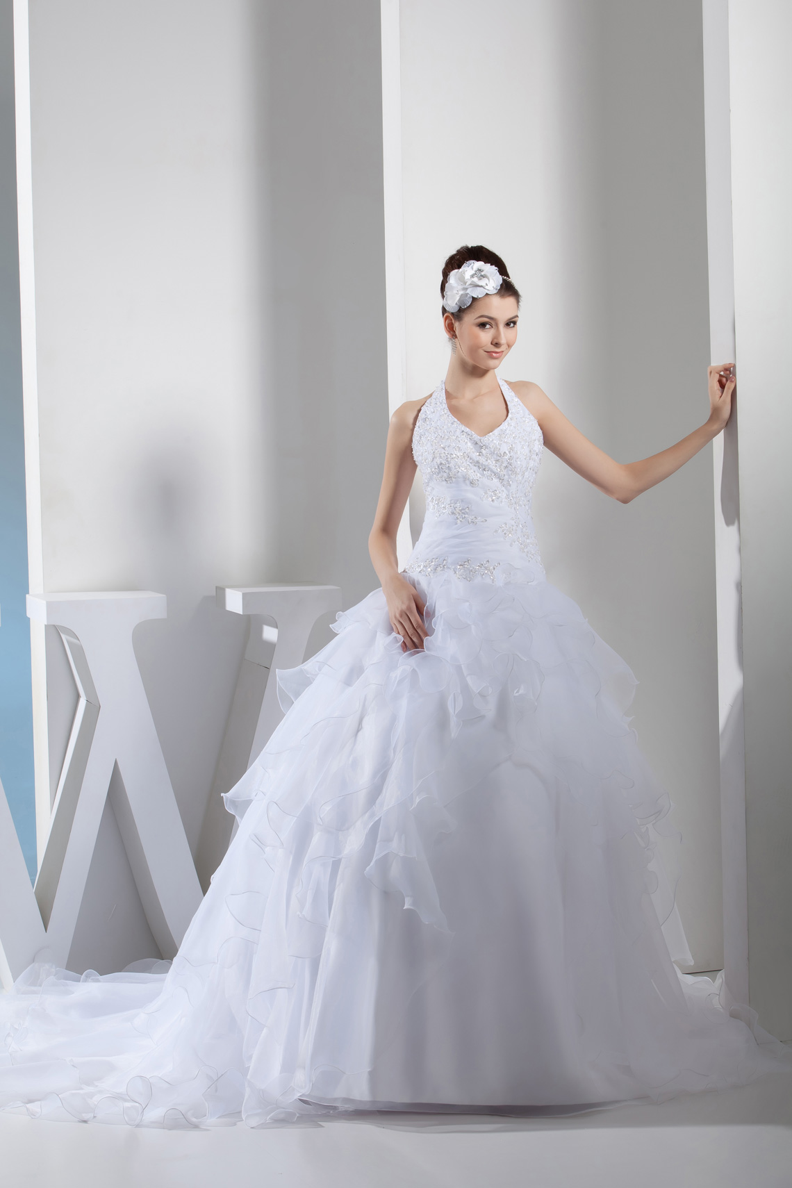 Sleeveless White Chapel Train Natural Waist Satin Organza Wedding Dress#WAY2464