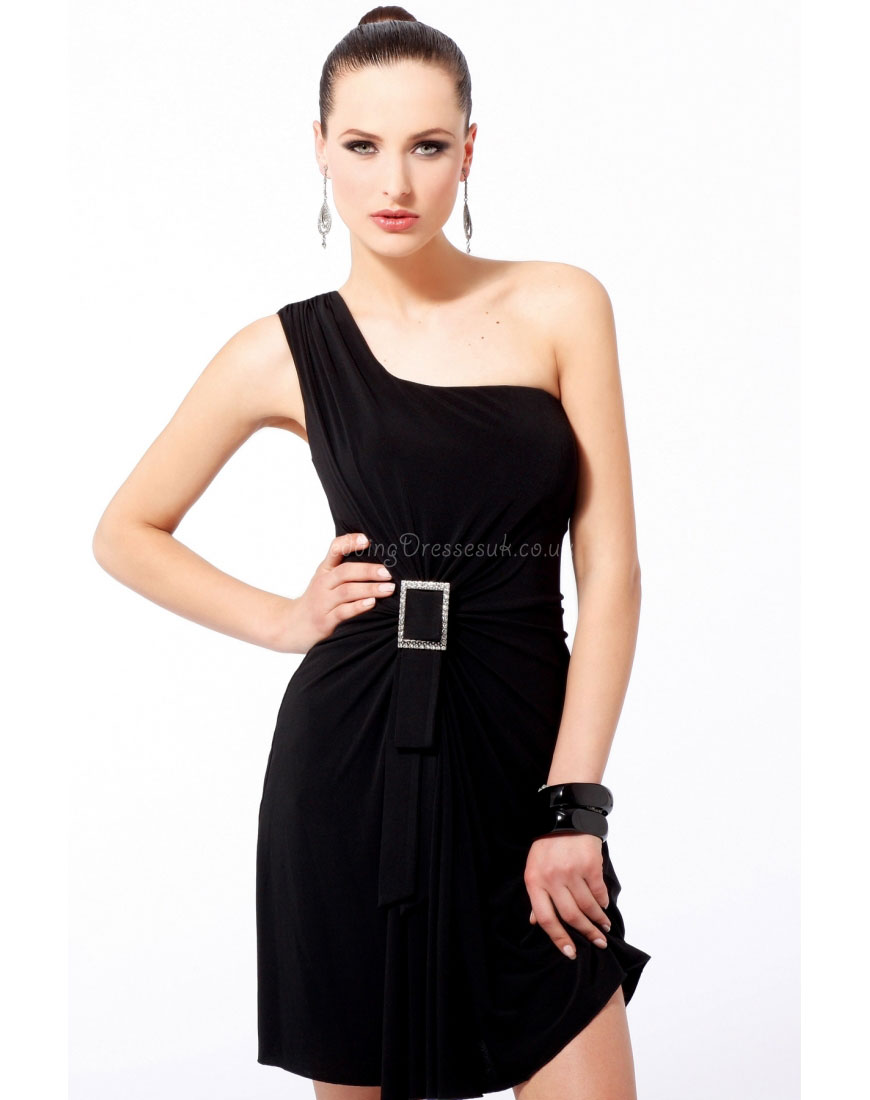 Jersey Ruched Beaded Black One Shoulder Column Prom Dress#WRA1686
